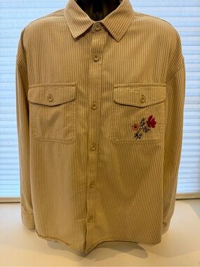 Old Navy Men’s Pinstripe Oversized Button-Down Oxford Shirt Floral Embroidery XL